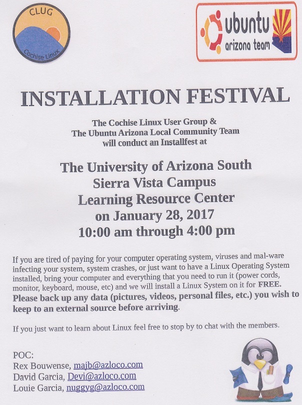 CLUG Installfest - members helping install Linux on laptops in Sierra Vista, Arizona